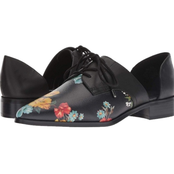 New Nine West Leather Floral Flat Oxfords Black - Picture 3 of 7